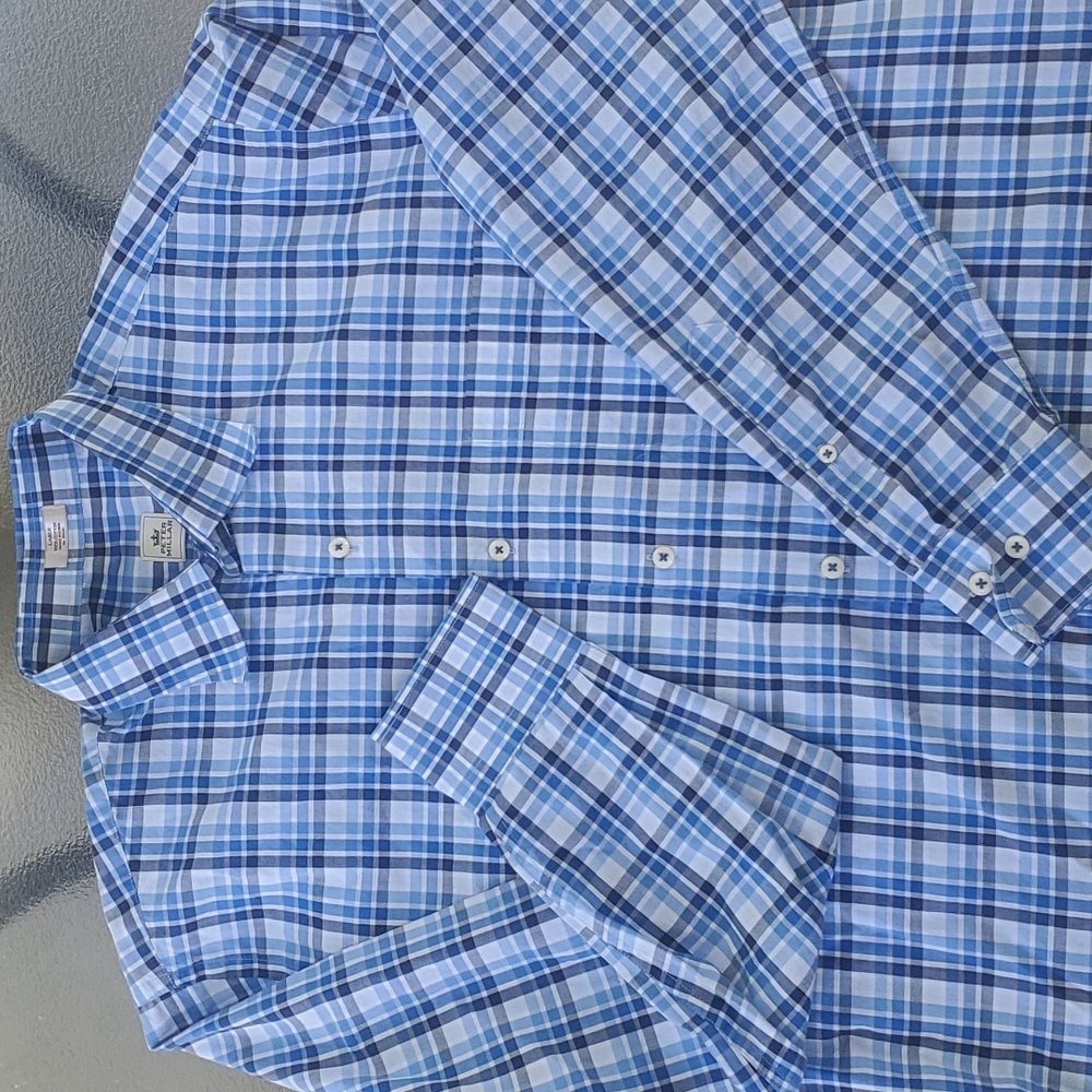 Peter Millar Men's Casual Button Front Long Sleeve Shirt White Blue Plaid L
